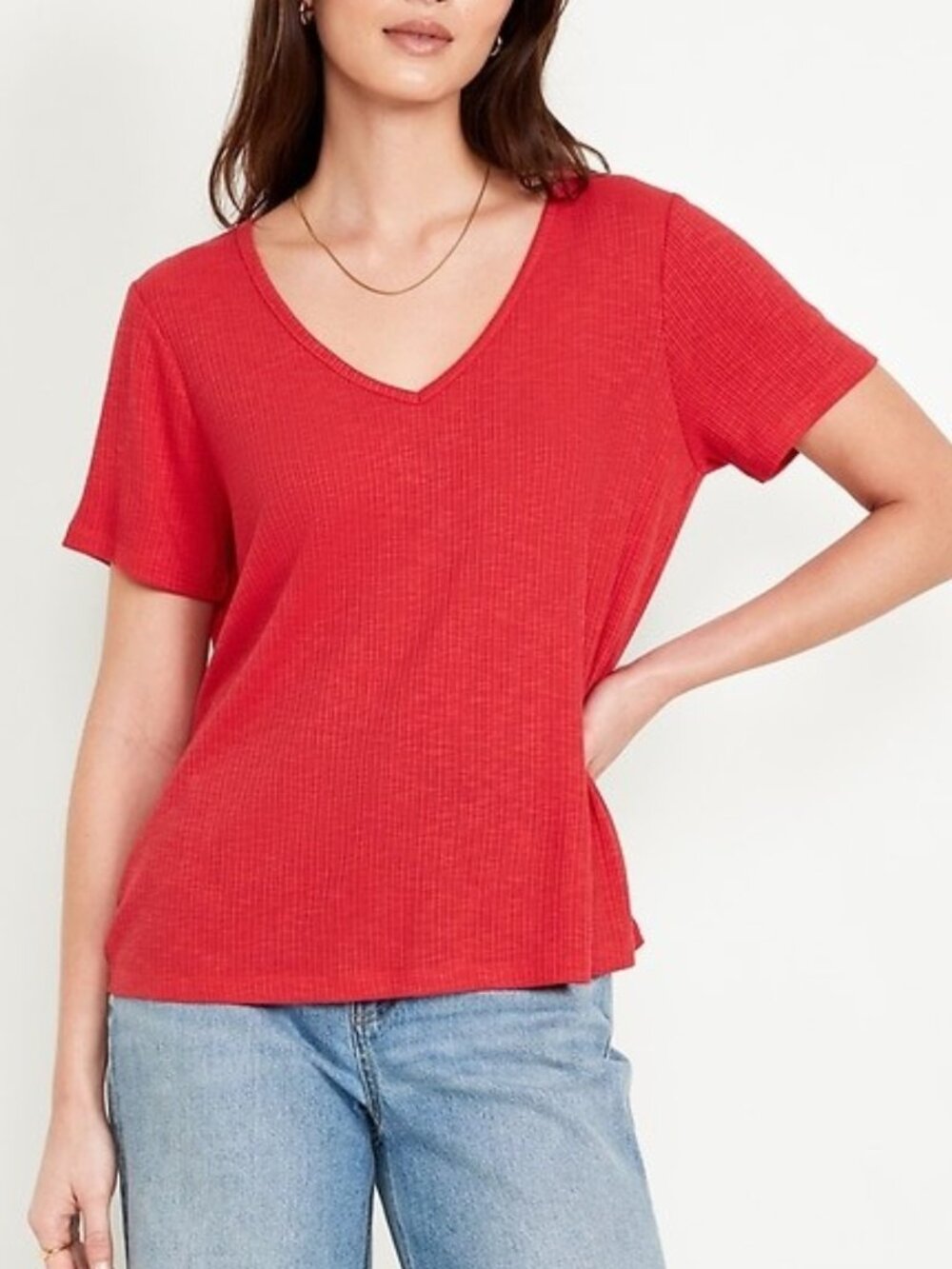 Old Navy Luxe Ribbed Knit T-Shirt V-Neck Top Short Sleeve Red Size Large Petite